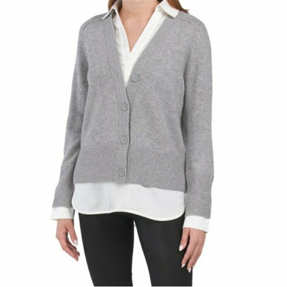 Magaschoni‎ Cashmere 2-in-1 Layered Cardigan Sweater Grey White Shirt XL